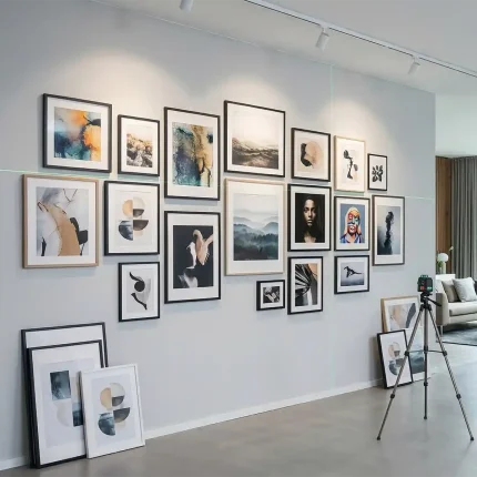 Ein modernes Wohnzimmer zeigt die fachgerechte Arbeit eines professionellen Aufhängeservices. Links ist eine Wand mit einer präzise arrangierten, dichten Petersburger Hängung (Galeriewand) zu sehen, die durch einen Kreuzlinienlaser auf einem Stativ ausgerichtet wurde. Rechts steht ein koordiniertes Team von drei Installateuren in Uniform auf einer Trittleiter und montiert koordiniert ein unhandliches, riesiges XXL-Leinwandformat an der Wand. Werkzeuge wie ein offener Koffer und ein Staubsauger sind im Vordergrund sichtbar.