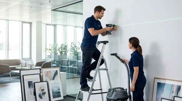 Ein fokussierter männlicher Monteur in Uniform steht auf einer Trittleiter und bohrt mit einer Staubabsaugung Löcher in eine weiße Wand. Ein Kreuzlinienlaser projiziert grüne Linien auf die Wand. Eine weibliche Assistentin in Uniform hält den Saugschlauch eines Industriestaubsaugers direkt am Bohrer, um Staub aufzufangen. Am Boden lehnt eine Gruppe gerahmter Kunstwerke. Die Szene spielt in einem hellen, modernen Büro mit Glaswänden im Hintergrund. Dies visualisiert unseren staubfreien Bilder Montage Service und die professionelle Kunstinstallation in Gewerberäumen.