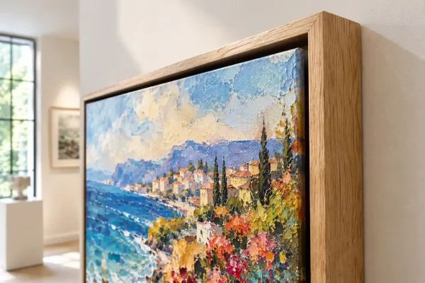 Ein gefirnisstes Acrylbild auf Keilrahmen, eingefasst in einen handgefertigten PIXOprint Schattenfugenrahmen aus massiver Eiche mit sichtbarer Fuge.