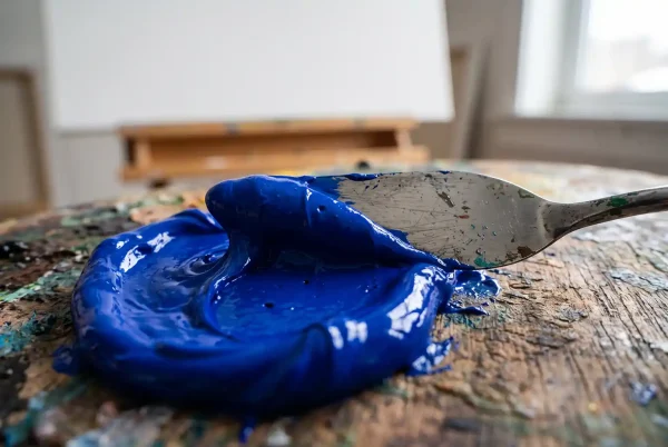 Makroaufnahme von leuchtend blauer Acrylfarbe in Künstlerqualität, die mit einem Malmesser auf einer Palette angemischt wird.