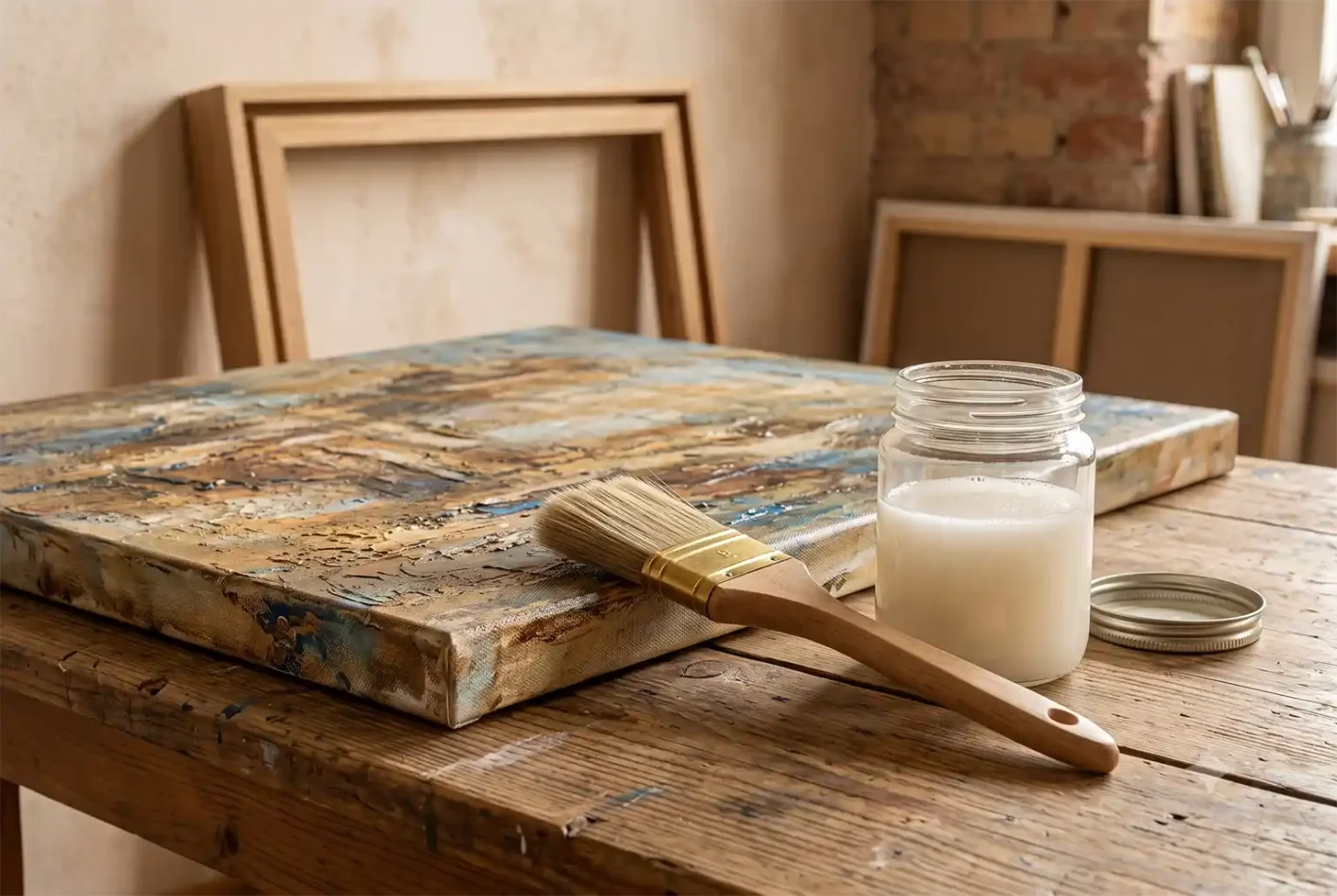 Ein Pinsel und milchiger Firnis zum Versiegeln eines Acrylbildes in einem Atelier, im Hintergrund ein PIXOprint Schattenfugenrahmen aus Massivholz.“