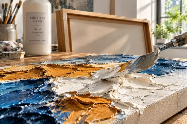 Home NEW 16 Künstler trägt pastose Strukturpaste und Acrylfarbe mit einem Edelstahl-Malmesser auf eine trommelhart gespannte PIXOprint Leinwand auf.