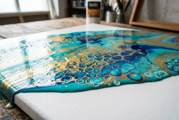 Home NEW 18 Flüssige Acrylfarbe in Türkis, Gold und Dunkelblau verläuft auf einer absolut planen, trommelhart gespannten Leinwand und bildet faszinierende Zellen.