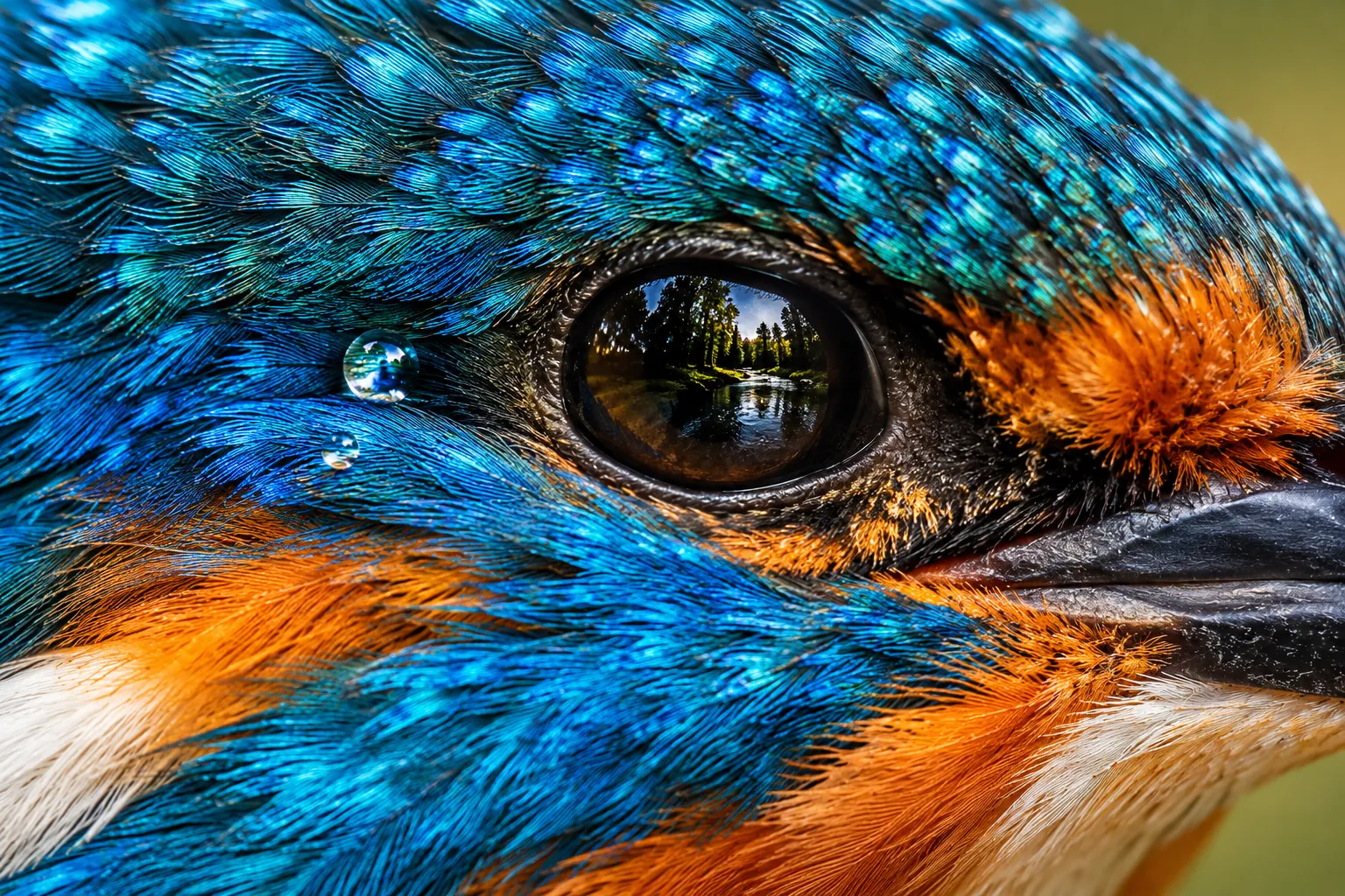 Extreme Makroaufnahme vom Auge eines Eisvogels mit feinsten blauen und orangenen Federstrukturen im Vergleich zwischen flachem Foren-Upload und brillantem 12-Farb-FineArt-Pigmentdruck.
