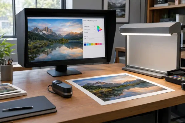 Kalibrierter Wide-Gamut-Monitor mit Lichtschutzblende und Spektralfotometer neben einem farbverbindlichen FineArt-Print auf einem Eichenholztisch.