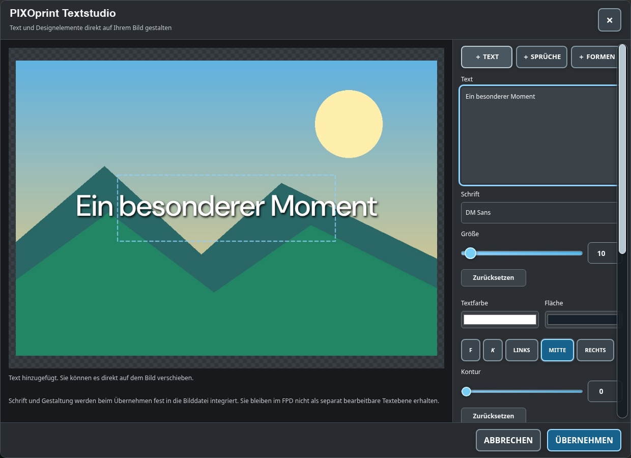 Textstudio mit Beispieltext auf der Leinwand, Texteingabe, Schriftwahl, Größenregler und Ebenenwerkzeugen