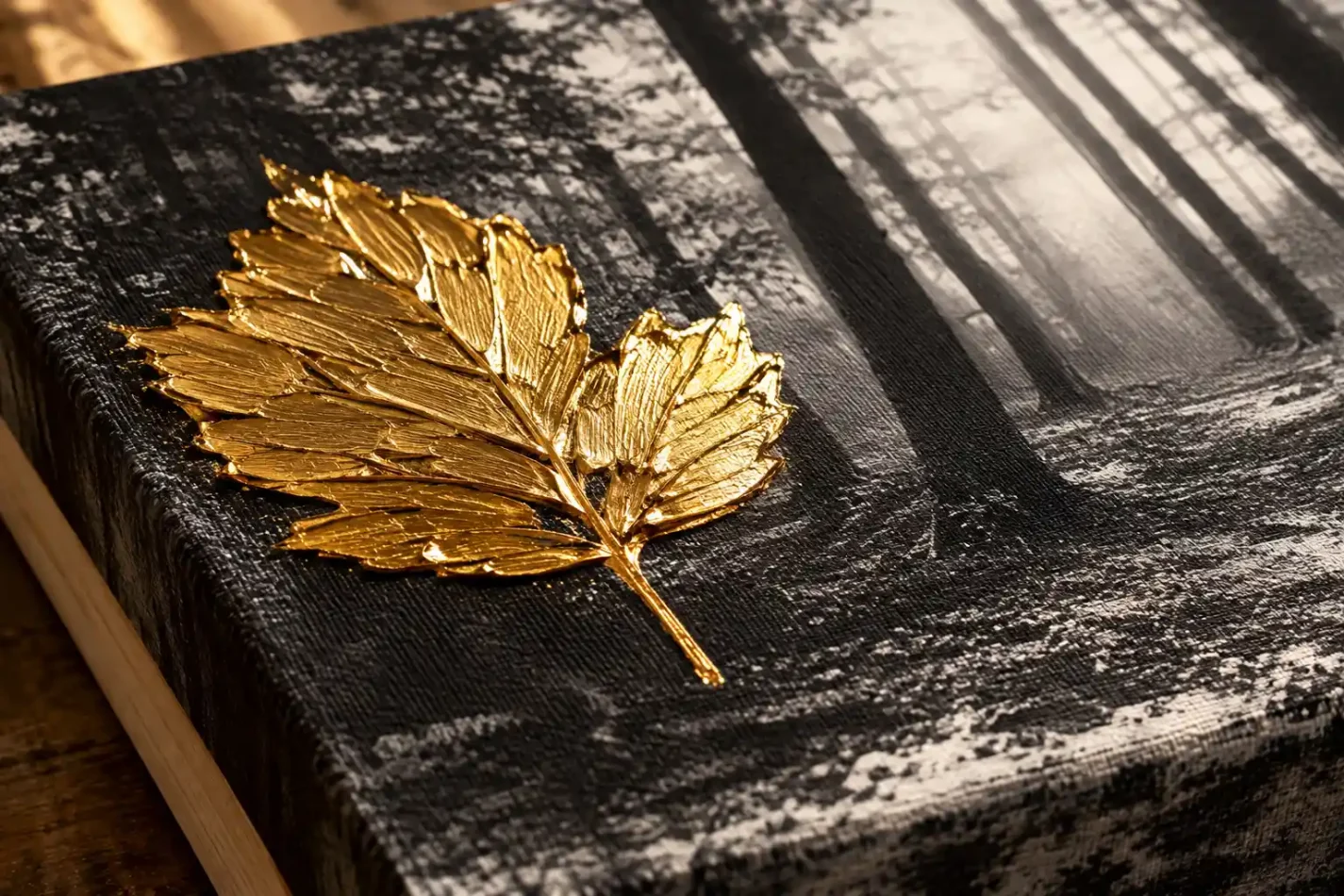 Minimalistischer Schwarz-Weiß-FineArt-Druck auf Keilrahmen, partiell veredelt mit pastosem 3D-Goldeffekt
