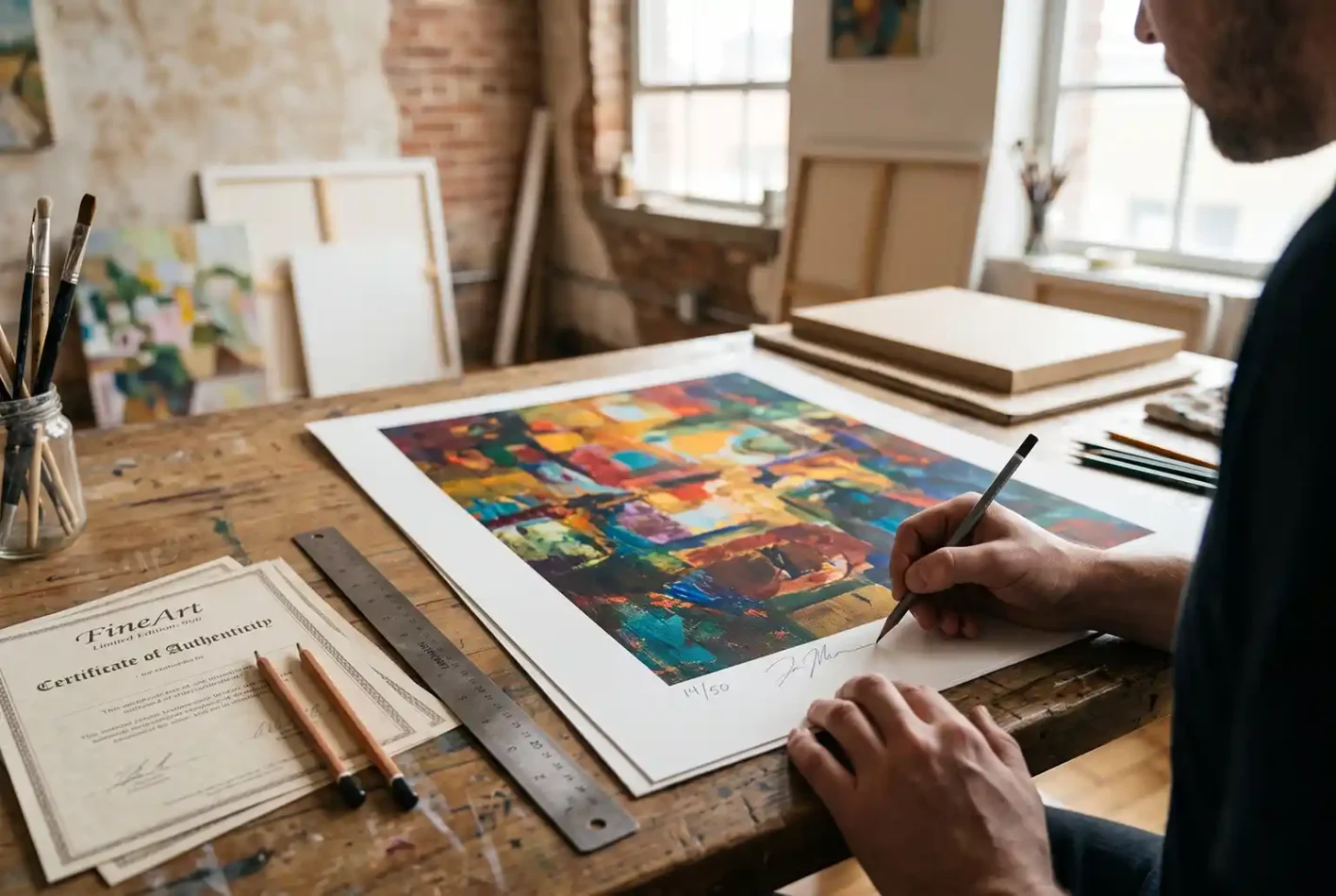 Ein Künstler signiert und nummeriert eine limitierte Kunstdruck-Edition (14/50) auf hochwertigem FineArt-Papier an seinem Arbeitstisch.