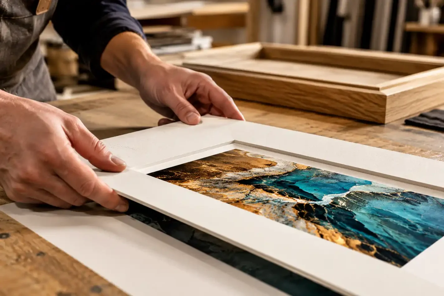 Ein säurefreies Museums-Passepartout wird in einer Werkstatt passgenau über einen FineArt-Print gelegt, um das Kunstwerk für die Rahmung im Massivholzrahmen vorzubereiten