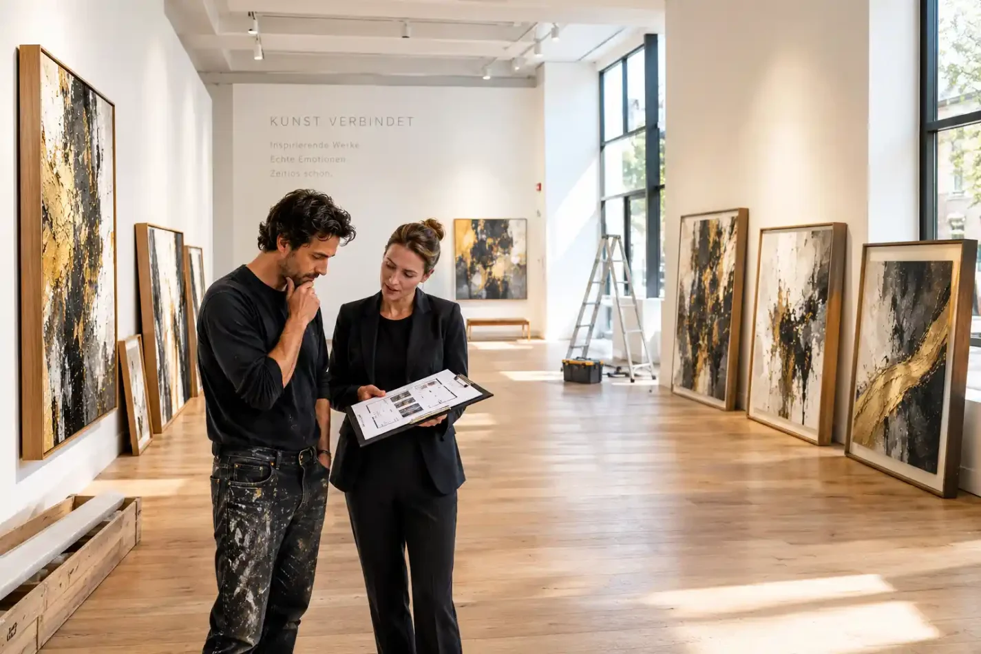 Ein Künstler und ein Kurator planen in einer hellen Galerie die Hängung von großformatigen, gerahmten FineArt-Prints für eine bevorstehende Vernissage.