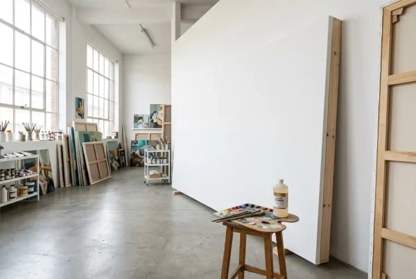 Home NEW 17 Ein Künstler in einem hellen Atelier steht vor einer gigantischen, unbemalten XXL-Leinwand. Der seitliche Blick zeigt den extrem tiefen, massiven 8-cm-Holzrahmen.